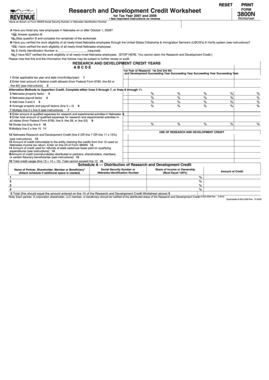 Fillable Form 3800n - Research And Development Credit Worksheet - Nebraska Printable pdf