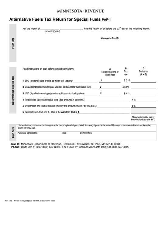 Paf-1 Alternative Fuels Tax Return For Special Fuels - Minnesota Printable pdf