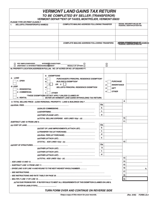 Fillable Form Lg-2 - Vermont Land Gains Tax Return Form - 2005 Printable pdf