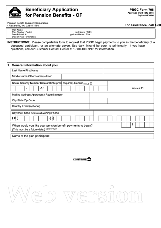 Pbgc Form 706 - Beneficiary Application For Pension Benefits - 2006 Printable pdf