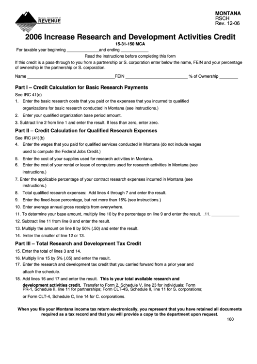 Montana Form Rsch - Increase Research And Development Activities Credit - 2006 Printable pdf