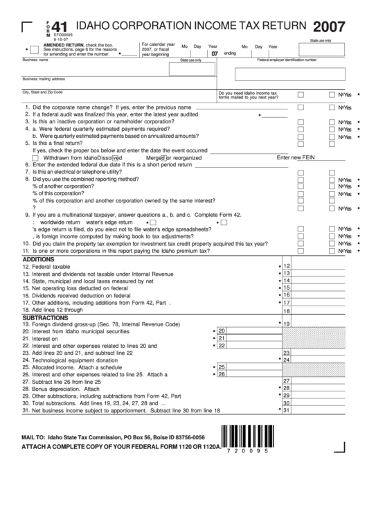 Fillable Form 41 - Idaho Corporation Income Tax Return - 2007 Printable pdf