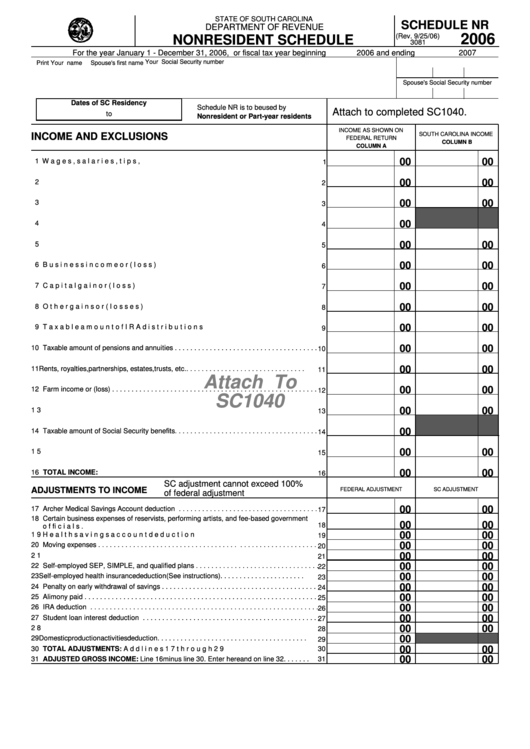 Form 3081 - Schedule Nr - Attach To Sc1040 - Nonresident Schedule - 2006 Printable pdf