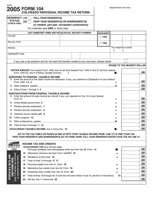 Fillable Form 104 Colorado Individual Income Tax Return 2005 Printable pdf