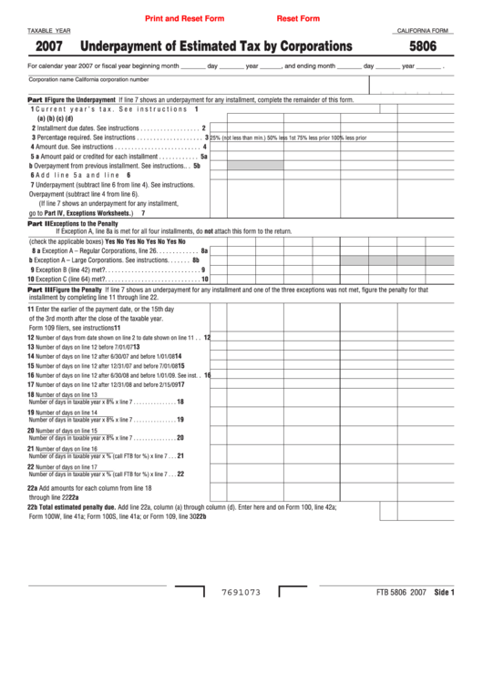 Fillable California Form 5806 - Underpayment Of Estimated Tax By Corporations - 2007 Printable pdf