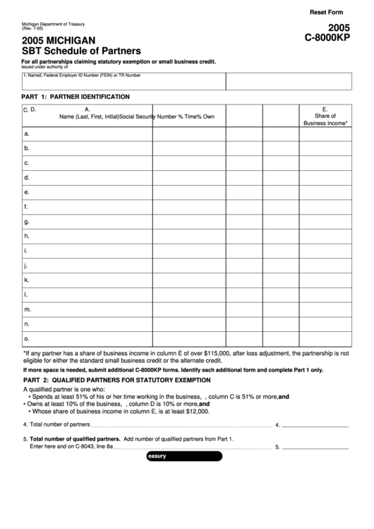Fillable Form C-8000kp - Sbt Schedule Of Partners - 2005 Printable pdf
