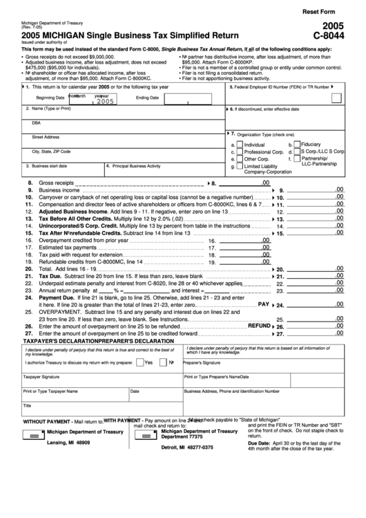 Fillable Form C-8044 - Michigan Single Business Tax Simplified Return - 2005 Printable pdf