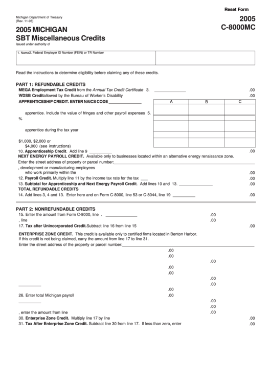 Fillable Form C-8000mc - Sbt Miscellaneous Credits - 2005 Printable pdf