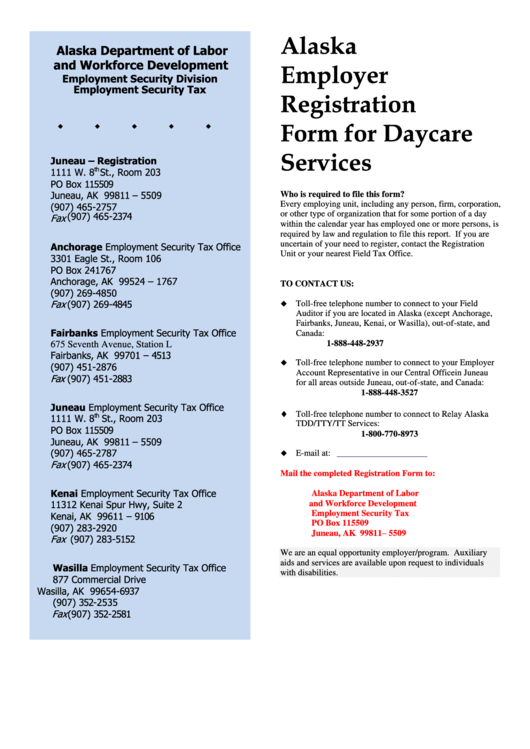 Alaska Employer Registration Form For Daycare Services Printable pdf