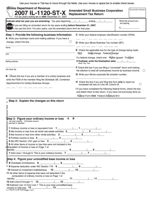 Fillable Form Il-1120-St-X - Amended Small Business Corporation Replacement Tax Return - 2007 Printable pdf