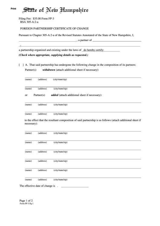 Fillable Form Fp-3 - Foreign Partnership Certificate Of Change - 2009 Printable pdf