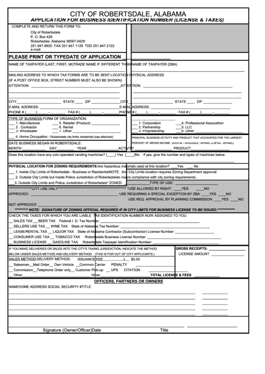 Application For Business Identification Number (License & Taxes) - City Of Robertsdale, Alabama Printable pdf