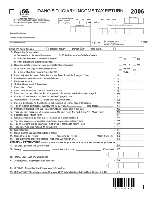 Fillable Form 66 - Idaho Fiduciary Income Tax Return - 2006 Printable pdf