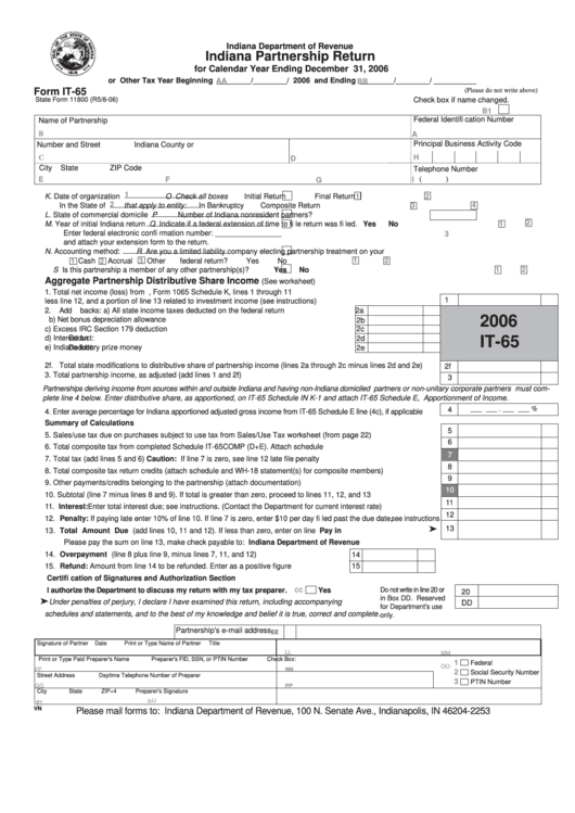 Form It-65 - Indiana Partnership Return - 2006 Printable pdf