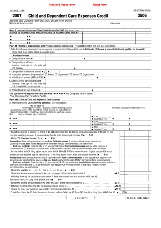 Fillable California Form 3506 - Child And Dependent Care Expenses Credit - 2007 Printable pdf