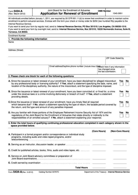 Fillable Form 5434-A - Application For Renewal Of Enrollment - Joint Board For The Enrollment Of Actuaries - 2012 Printable pdf