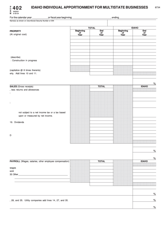 Fillable Form 402 6/9/4 - Idaho Individual Apportionment For Multistate Businesses Printable pdf
