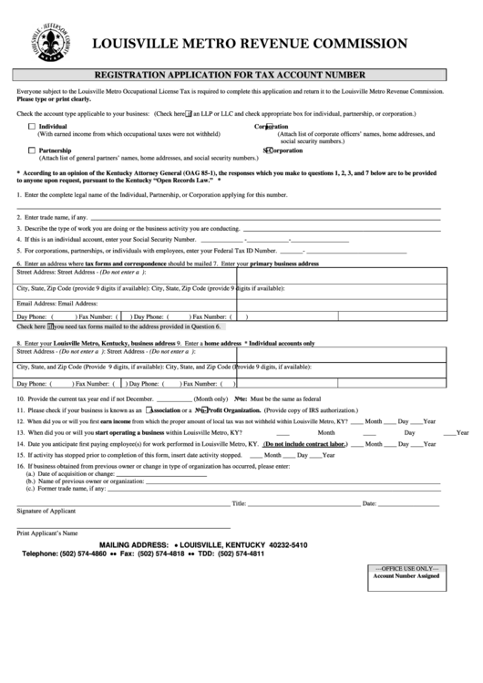 Fillable Registration Application For Tax Account Number Form - Louisville, Kentucky Printable pdf