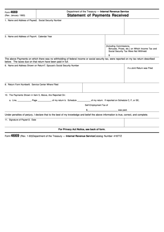 Fillable Form 4669 - Statement Of Payments Received - Department Of Treasury Printable pdf