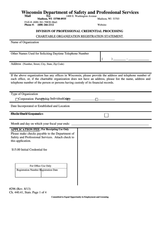Charitable Organization Registration Statement Form - Wisconsin Department Of Safety And Professional Services Printable pdf