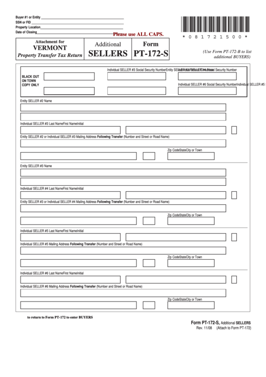Fillable Form Pt-172-S - Property Transfer Tax Return - Vermont Printable pdf