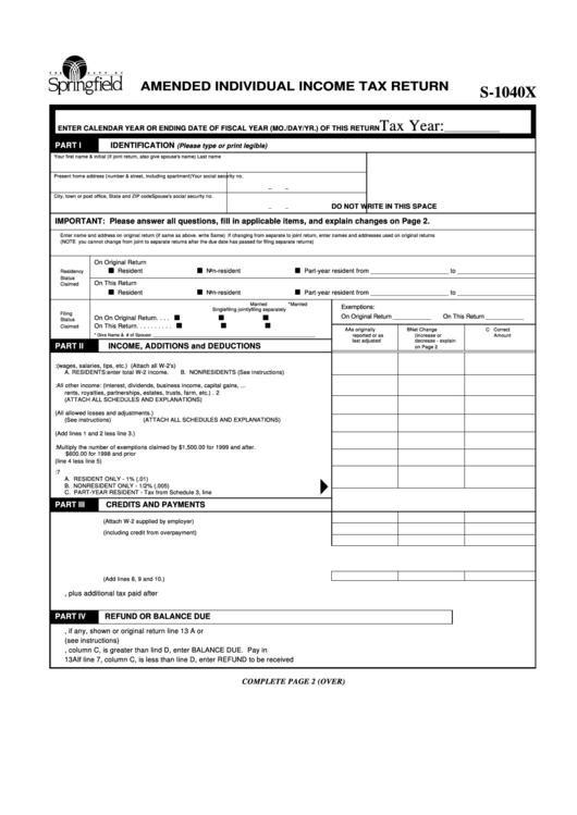 Form S-1040x - Amended Individual Income Tax Return - Springfield Printable pdf