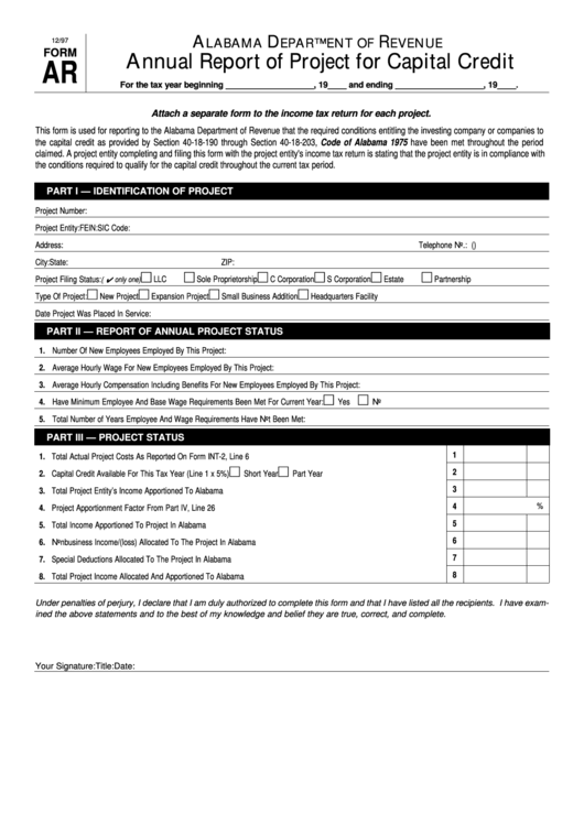 Form Ar 12/97 - Annual Report Of Project For Capital Credit - Alabama Department Of Revenue 2007 Printable pdf