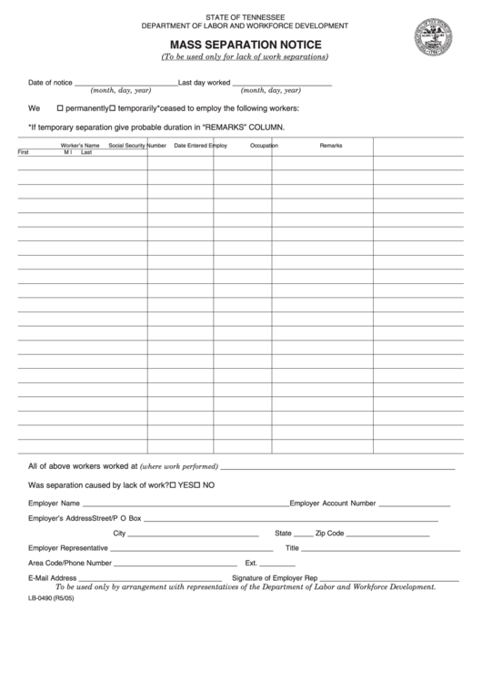 Fillable Form Lb-0490 - Mass Separation Notice - Tennessee Department Of Labor And Workforce Development Printable pdf