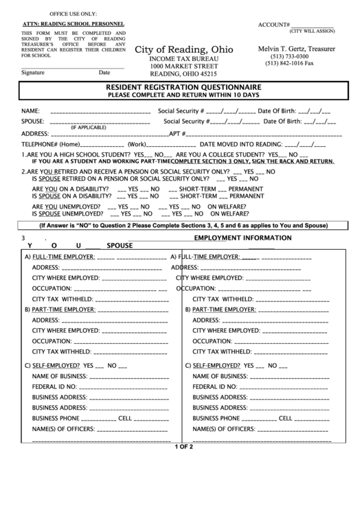 Resident Registration Questionnaire Template - City Of Reading, Ohio - Income Tax Bureau Printable pdf