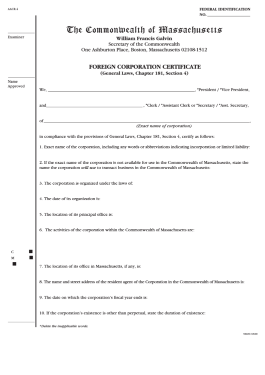 Foreign Corporation Certificate - The Commonwealth Of Massachusetts Printable pdf