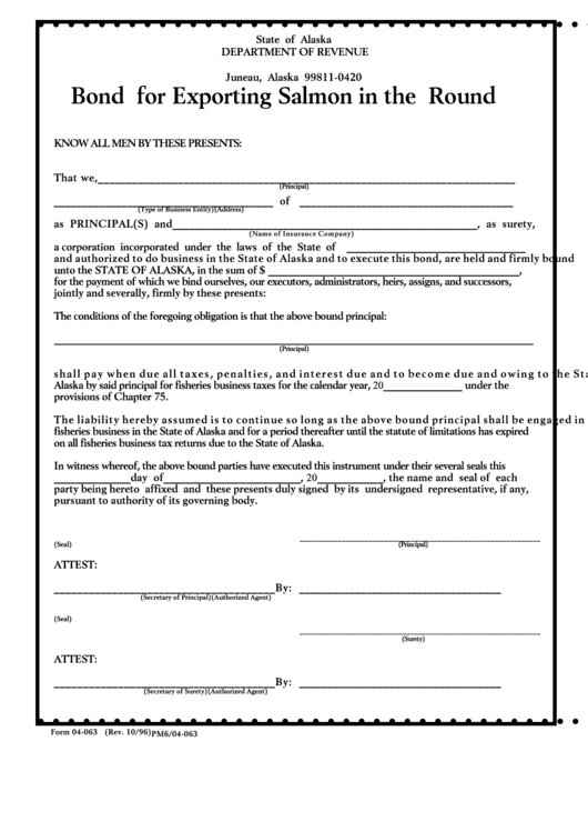 Form 04-063 - Bond For Exporting Salmon In The Round Printable pdf