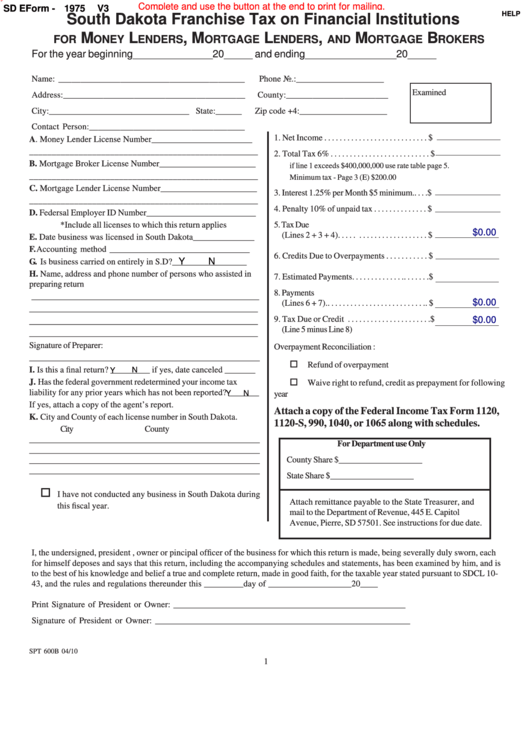 Fillable Form Spt 600b - South Dakota Franchise Tax On Financial Institutions - 2010 Printable pdf
