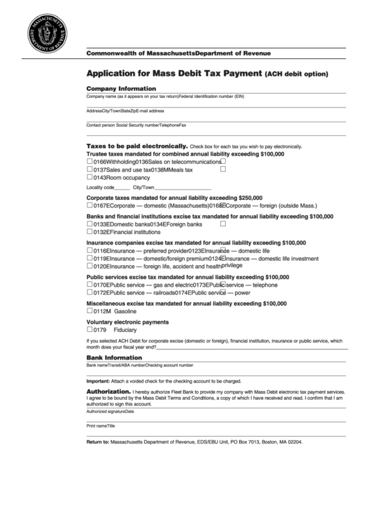 Application For Mass Debit Tax Payment - Massachusetts Department Of Revenue Printable pdf