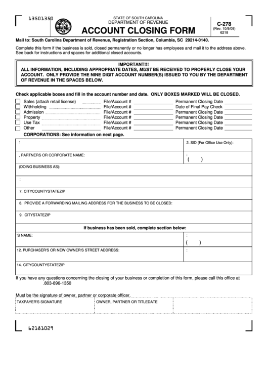 Form C-278 - Account Closing Form Printable pdf