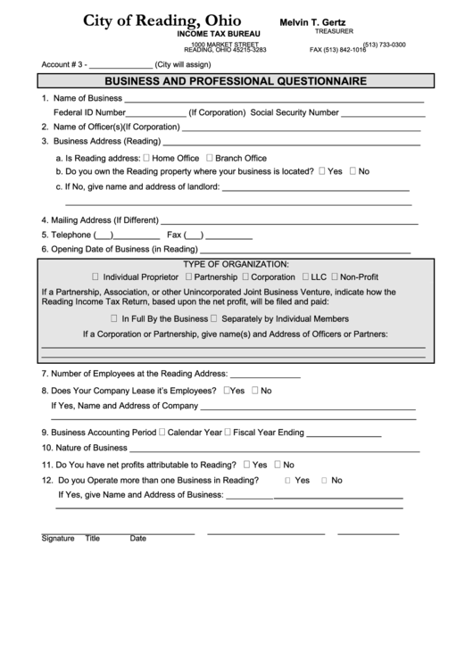 Business And Professional Questionnaire Template - City Of Reading, Ohio Income Tax Bureau Printable pdf
