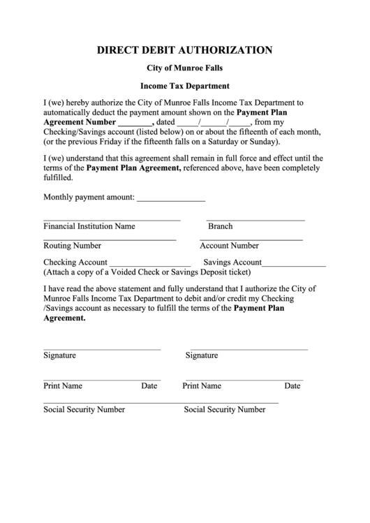Direct Debit Authorization Form - City Of Munroe Falls Printable pdf