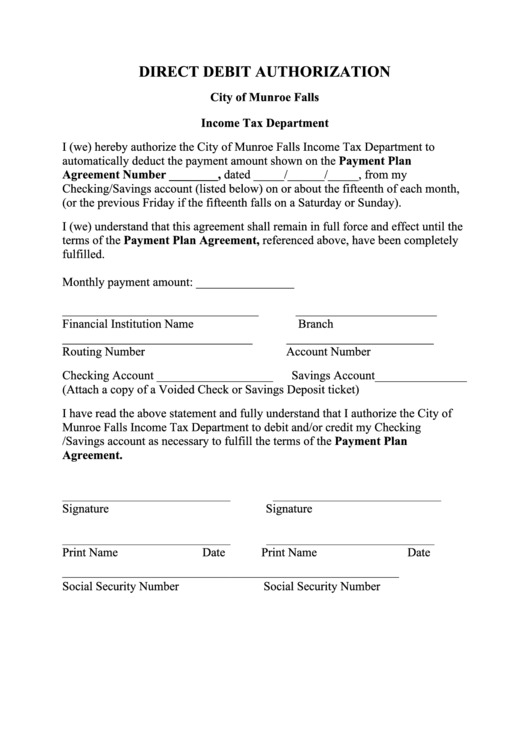 Direct Debit Authorization Form - City Of Munroe Falls