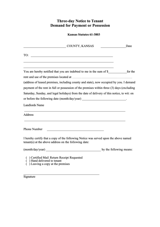 Fillable Three-Day Notice To Tenant Demand For Payment Or Possession Form - Kansas Statutes 61-3803 Printable pdf