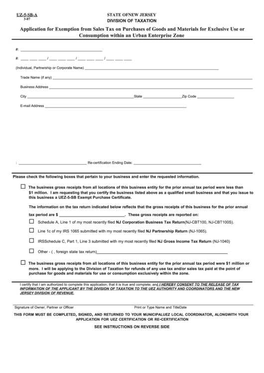 Fillable Form Uz-5-Sb-A - Application For Exemption From Sales Tax On Purchases Of Goods And Materials For Exclusive Use Or Consumption Within An Urban Enterprise Zone Printable pdf