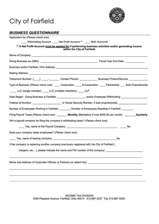 Business Questionnaire Template - City Of Fairfield, Ohio Income Tax Division Printable pdf