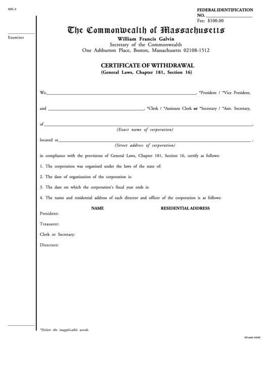 Certificate Of Withdrawal - The Commonwealth Of Massachusetts Printable pdf