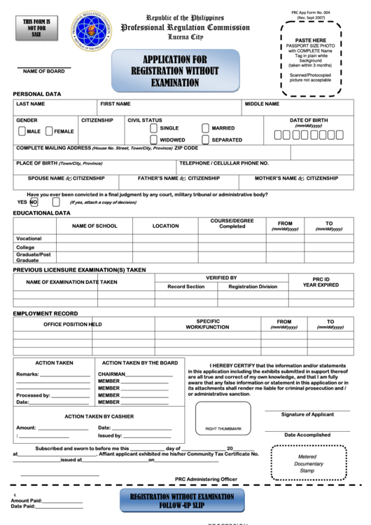 Prc Form 004 - Application For Registration Without Examination Printable pdf