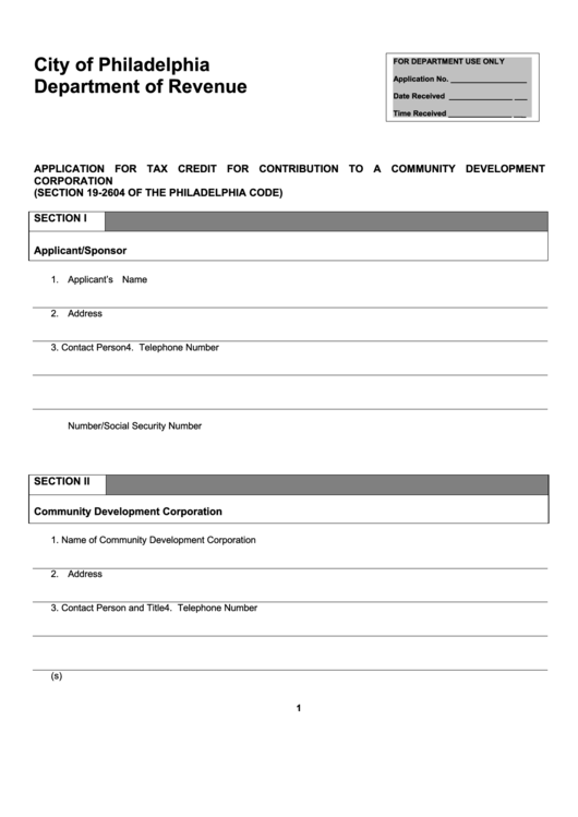 Application For Tax Credit For Contribution To A Community Development Corporation Form - City Of Philadelphia Department Of Revenue Printable pdf