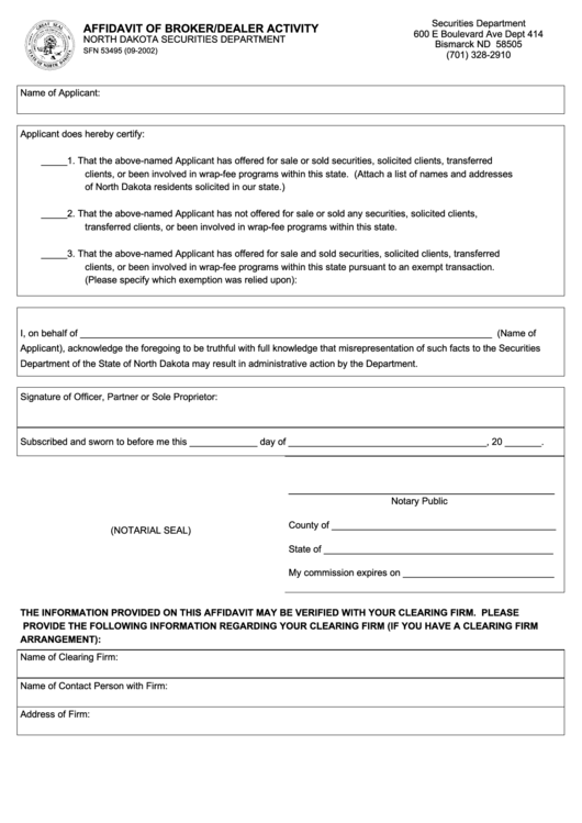 Form Sfn 53495 - Affidavit Of Broker/dealer Activity - North Dakota Printable pdf