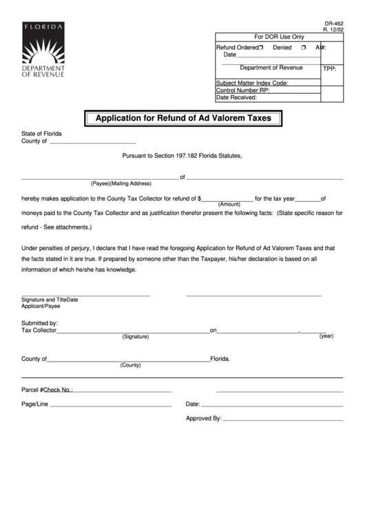 Form Dr-462 - Application For Refund Of Ad Valorem Taxes - 2002 Printable pdf