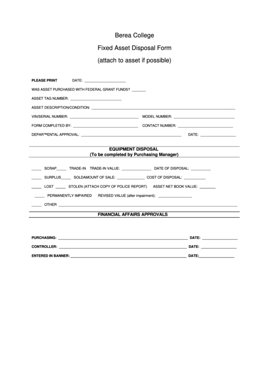 Fixed Asset Disposal Form - Berea College Printable pdf