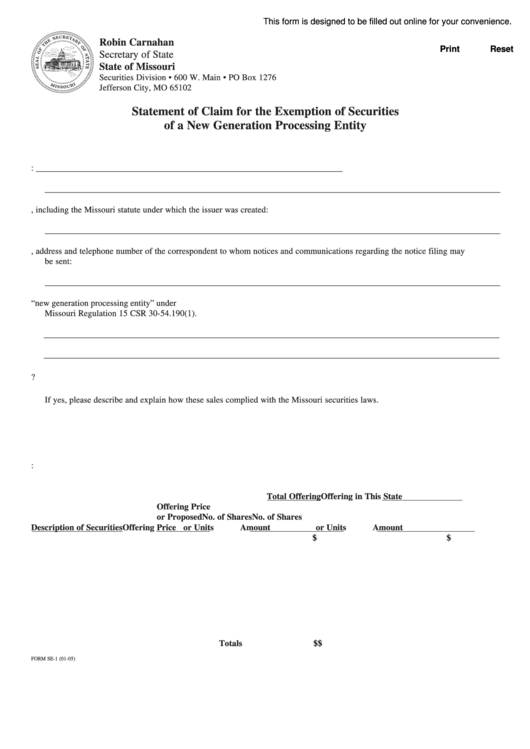 Fillable Form Se-1 - Statement Of Claim For The Exemption Of Securities Of A New Generation Processing Entity Printable pdf