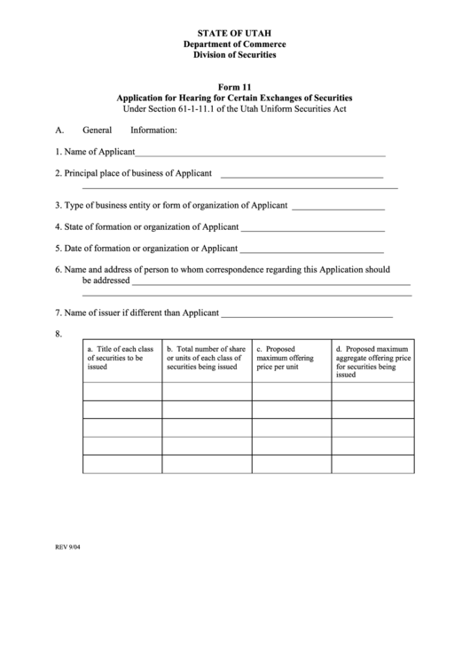 Form 11 - Application For Hearing For Certain Exchanges Of Securities - Utah Printable pdf