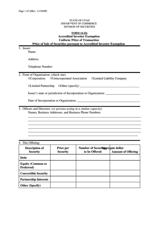 Form 14-25s - Notice Of Sale Of Securities Pursuant To Accredited Investor Exemption - Utah Printable pdf