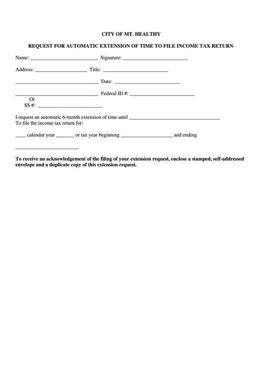 Request Form For Automatic Extension Of Time To File Income Tax Return - City Of Mt.healthy Printable pdf
